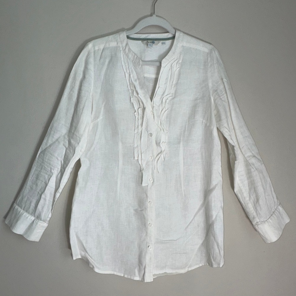 Boden White 100% Linen Ruffle Front Roll Tab Sleeve Blouse Womens US 6 UK 10 - Picture 7 of 14